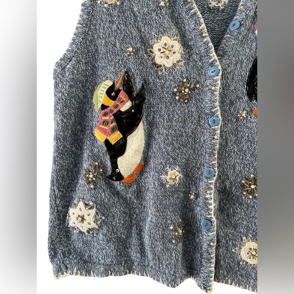 Blue penguin holiday winter button up sweater vest - Picture 2 of 4